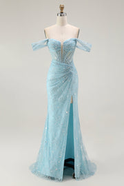 Blauwe zeemeermin Off The Shoulder Kralen Lange Prom Jurk met Split