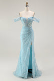 Blauwe zeemeermin Off The Shoulder Kralen Lange Prom Jurk met Split