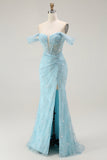 Blauwe zeemeermin Off The Shoulder Kralen Lange Prom Jurk met Split