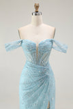 Blauwe zeemeermin Off The Shoulder Kralen Lange Prom Jurk met Split