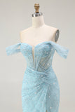 Blauwe zeemeermin Off The Shoulder Kralen Lange Prom Jurk met Split
