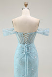 Blauwe zeemeermin Off The Shoulder Kralen Lange Prom Jurk met Split