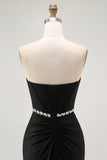 Zwarte zeemeermin strapless korset lange galajurk met kralen