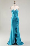 Zeemeermin Strapless Korset Kralen Blauwe Prom Jurk met Ruches Split