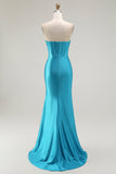 Zeemeermin Strapless Korset Kralen Blauwe Prom Jurk met Ruches Split
