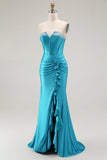 Zeemeermin Strapless Korset Kralen Blauwe Prom Jurk met Ruches Split
