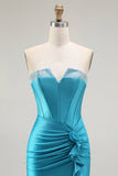 Zeemeermin Strapless Korset Kralen Blauwe Prom Jurk met Ruches Split