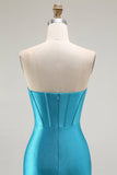 Zeemeermin Strapless Korset Kralen Blauwe Prom Jurk met Ruches Split