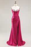 Sparkly Fuchsia zeemeermin Sweetheart kralen geplooide lange galajurk met split