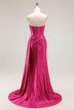 Sparkly Fuchsia zeemeermin Sweetheart kralen geplooide lange galajurk met split