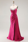 Sparkly Fuchsia zeemeermin Sweetheart kralen geplooide lange galajurk met split