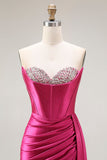 Sparkly Fuchsia zeemeermin Sweetheart kralen geplooide lange galajurk met split