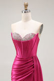Sparkly Fuchsia zeemeermin Sweetheart kralen geplooide lange galajurk met split