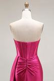 Sparkly Fuchsia zeemeermin Sweetheart kralen geplooide lange galajurk met split