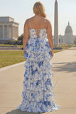 Wit Blauw Bloemen Korset A Line Gelaagde Prom Jurk