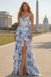 Wit Blauw Bloemen Korset A Line Gelaagde Prom Jurk