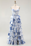Wit Blauw Bloemen Korset A Line Gelaagde Prom Jurk