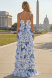 Wit Blauw Bloemen Korset A Line Gelaagde Prom Jurk