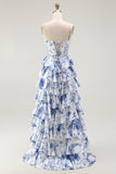 Wit Blauw Bloemen Korset A Line Gelaagde Prom Jurk