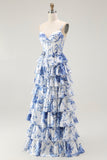 Wit Blauw Bloemen Korset A Line Gelaagde Prom Jurk
