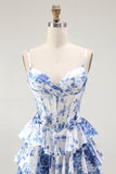 Wit Blauw Bloemen Korset A Line Gelaagde Prom Jurk