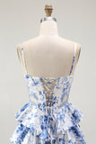 Wit Blauw Bloemen Korset A Line Gelaagde Prom Jurk