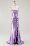 Paarse zeemeermin korset Ruched lange Prom jurk met gegolfde split
