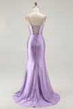 Paarse zeemeermin korset Ruched lange Prom jurk met gegolfde split
