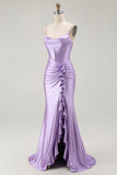 Paarse zeemeermin korset Ruched lange Prom jurk met gegolfde split