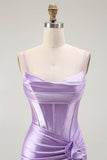 Paarse zeemeermin korset Ruched lange Prom jurk met gegolfde split
