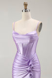 Paarse zeemeermin korset Ruched lange Prom jurk met gegolfde split