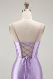 Paarse zeemeermin korset Ruched lange Prom jurk met gegolfde split