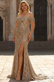 Sprankelende Champagne Off the Shoulder zeemeermin pailletten lange galajurk met split