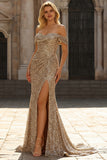Sprankelende Champagne Off the Shoulder zeemeermin pailletten lange galajurk met split
