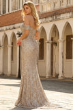 Sprankelende Champagne Off the Shoulder zeemeermin pailletten lange galajurk met split