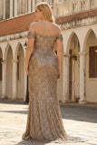 Sprankelende Champagne Off the Shoulder zeemeermin pailletten lange galajurk met split