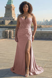 Sweetheart Blush geappliqueerd korset zeemeermin kralen lange prom jurk met spleet