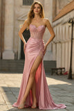 Sweetheart Blush geappliqueerd korset zeemeermin kralen lange prom jurk met spleet