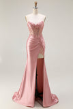Sweetheart Blush geappliqueerd korset zeemeermin kralen lange prom jurk met spleet