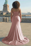 Sweetheart Blush geappliqueerd korset zeemeermin kralen lange prom jurk met spleet