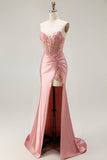 Sweetheart Blush geappliqueerd korset zeemeermin kralen lange prom jurk met spleet