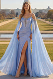 Blauwe zeemeermin Cold Shoulder Beaded Convertible Korset Lange Prom Jurk met Cape Mouwen