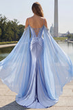 Blauwe zeemeermin Cold Shoulder Beaded Convertible Korset Lange Prom Jurk met Cape Mouwen