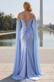 Blauwe zeemeermin Cold Shoulder Beaded Convertible Korset Lange Prom Jurk met Cape Mouwen
