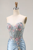 Grijze Blauwe Zeemeermin Sweetheart Geappliqueerd Korset Kralen Lange Prom Jurk Met Split