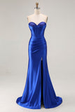 Koningsblauw Strapless Beaded Korset Zeemeermin Geplooide Lange Prom Jurk met Split