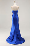 Koningsblauw Strapless Beaded Korset Zeemeermin Geplooide Lange Prom Jurk met Split