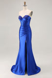 Koningsblauw Strapless Beaded Korset Zeemeermin Geplooide Lange Prom Jurk met Split