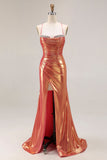 Metallic oranje zeemeermin kralen ruched lange prom jurk met split
