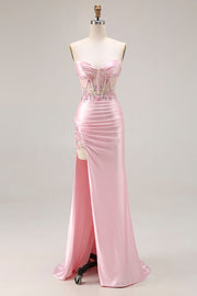 Roze Strapless Zeemeermin Korset Gesappliceerde Pailletten Lange Prom Jurk Met Split
